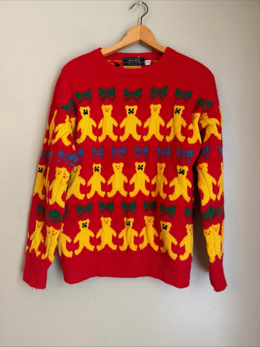 Vtg  Speckta Of London Scottish 100% Wool Red Yellow Blue Teddy Bear Sweater L